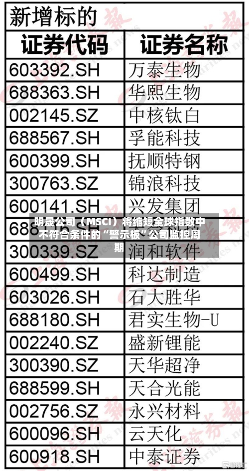 明晟公司(MSCI)将缩短全球指数中不符合条件的“警示板”公司监控周期